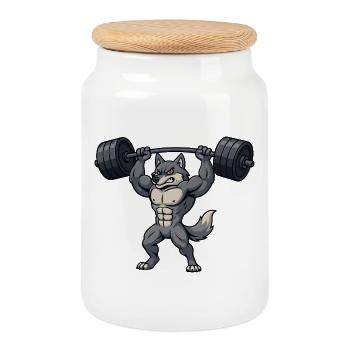 Strong husky with dumbbell fitness bodybuilding - Cookie Jar with Wooden Lid - white - Front