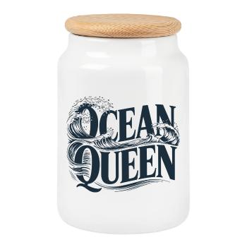 Ocean Queen - Waves Typography Design - Cookie Jar with Wooden Lid - white - Front
