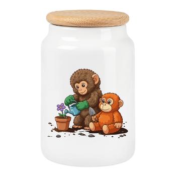 the monkey punch - Affe Gartenarbeit - Keksdose mit Holzdeckel - Weiß - Vorne