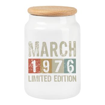 Limited Edition March 1976 Birthday Gift - Cookie Jar with Wooden Lid - white - Front