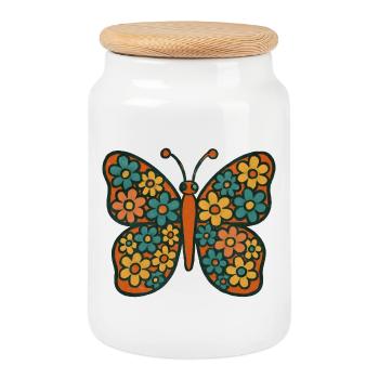 Papillon avec motif floral - Boîte à biscuits avec couvercle en bois - blanc - Devant