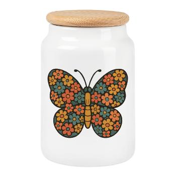 Motif fleur et papillon - Boîte à biscuits avec couvercle en bois - blanc - Devant
