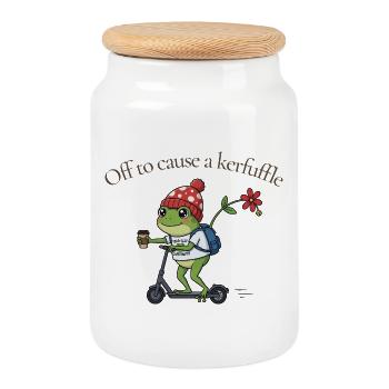 Grenouille sur le scooter : Agitation - Boîte à biscuits avec couvercle en bois - blanc - Devant