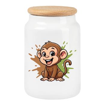 Éclaboussure de peinture de dessin animé singe joyeux - Boîte à biscuits avec couvercle en bois - blanc - Devant