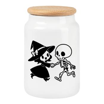 Motif du couple d’Halloween sorcière et squelette - Boîte à biscuits avec couvercle en bois - blanc - Devant
