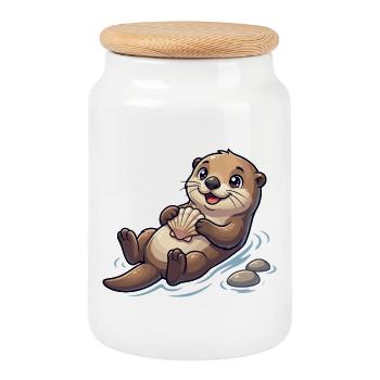 Otter with seashell on the beach - Cookie Jar with Wooden Lid - white - Front