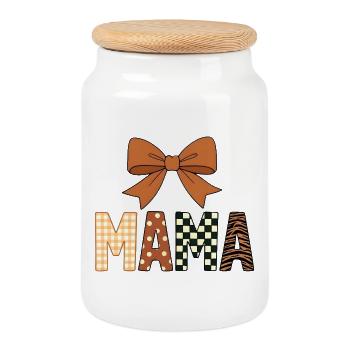 Texte coloré et ludique de MAMA avec un nœud de fille - Boîte à biscuits avec couvercle en bois - blanc - Devant