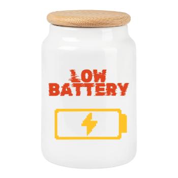 Low Battery Mood Funny Lazy Energy Shirt - Cookie Jar with Wooden Lid - white - Front