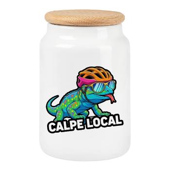 Calpe Local Cycling Lizard - Cookie Jar with Wooden Lid - white - Front