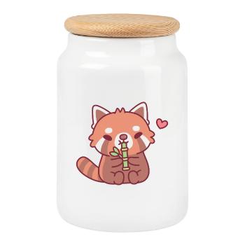 Cute Red Panda Loves Bamboo - Cookie Jar with Wooden Lid - white - Front