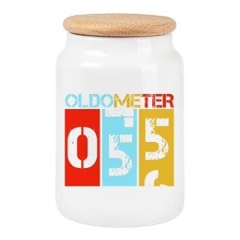 Oldometer 55 Fifty Fifth Birthday - Cookie Jar with Wooden Lid - white - Front