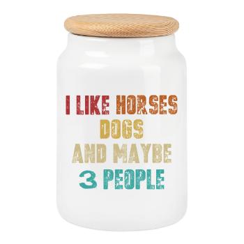 I like horses dogs 3 people - Cookie Jar with Wooden Lid - white - Front