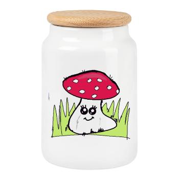 Zwinkernder Pilz mit rotem Hut - Keksdose mit Holzdeckel - Weiß - Vorne