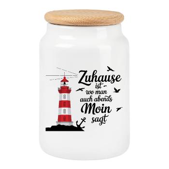  Zuhause ist wo man auch abends Moin sagt - Keksdose mit Holzdeckel - Weiß - Vorne