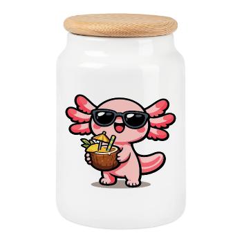 Axolotl Coconut Kawaii with Sunglasses - Cookie Jar with Wooden Lid - white - Front