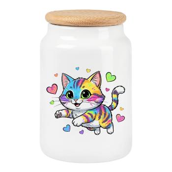Regenbogenkatze mit Herzen - Keksdose mit Holzdeckel - Weiß - Vorne