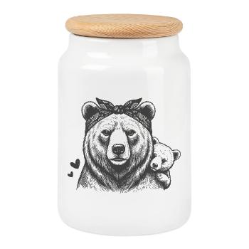 Mama Bear with Child - Cookie Jar with Wooden Lid - white - Front