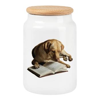 Dog Reading Book Labrador Retriever - Cookie Jar with Wooden Lid - white - Front