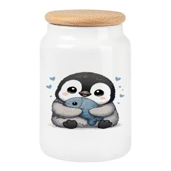 Pingouin câlin avec poisson - Boîte à biscuits avec couvercle en bois - blanc - Devant