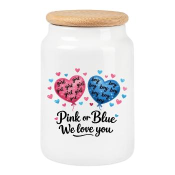 Rose ou bleu design de révélation du sexe du bébé We Love You - Boîte à biscuits avec couvercle en bois - blanc - Devant