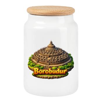 Dessin animé du temple de Borobudur - Boîte à biscuits avec couvercle en bois - blanc - Devant