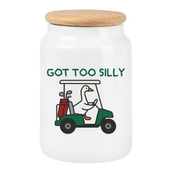 Goose in golf cart - Cookie Jar with Wooden Lid - white - Front