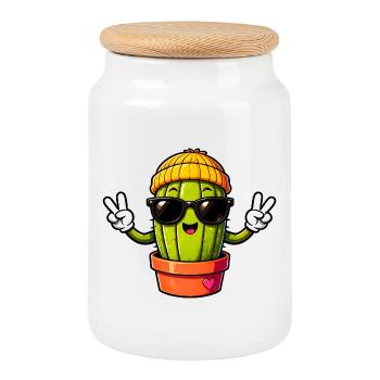 Cooler Peace-Sign-Kaktus in Mütze und Sonnenbrille - Keksdose mit Holzdeckel - Weiß - Vorne
