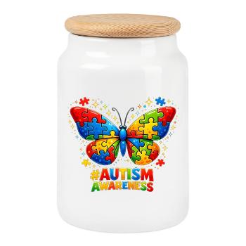 Autism Butterfly Color Puzzle Gift - Cookie Jar with Wooden Lid - white - Front