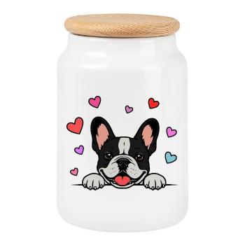 Französische_Bulldogge_Pfoten_mit_Herz_schwarz - Boîte à biscuits avec couvercle en bois - blanc - Devant