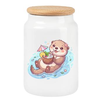 Cute Kawaii Otter Floating with Coconut Drink - Cookie Jar with Wooden Lid - white - Front