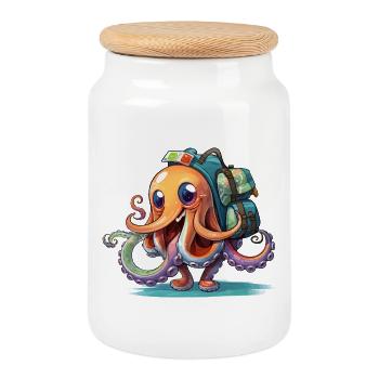 Oktopus Entdecker mit Rucksack - Keksdose mit Holzdeckel - Weiß - Vorne