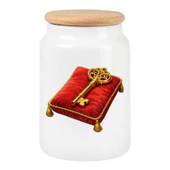Goldener Schlüssel auf rotem Polster - Keksdose mit Holzdeckel - Weiß - Vorne