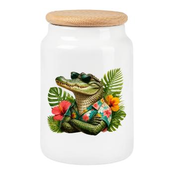 Alligator Hawaiian look - Cookie Jar with Wooden Lid - white - Front