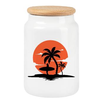 Surfer at sunset and palm trees - Cookie Jar with Wooden Lid - white - Front