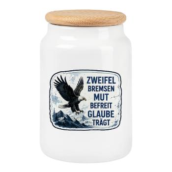 Mut befreit. Zweifel bremsen. - Keksdose mit Holzdeckel - Weiß - Vorne