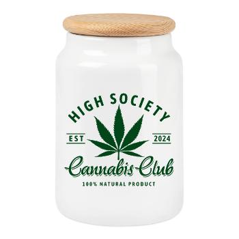 High Society Cannabis Club Logo - Cookie Jar with Wooden Lid - white - Front