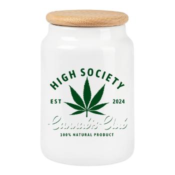 High Society Cannabis Club Logo - Cookie Jar with Wooden Lid - white - Front