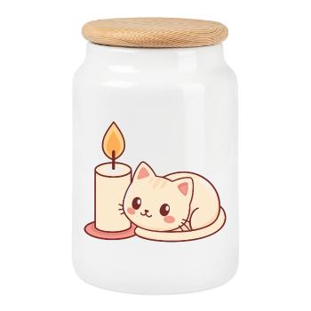 Cute Cat and Bright Candle - Cookie Jar with Wooden Lid - white - Front