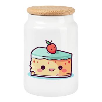 Kawaii Cake Slice with Cherry - Cookie Jar with Wooden Lid - white - Front