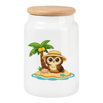 Owl in Island Paradise with Straw Hat - Cookie Jar with Wooden Lid - white - Front