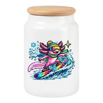 Axolotl Surfer Rainbow Wave - Cookie Jar with Wooden Lid - white - Front