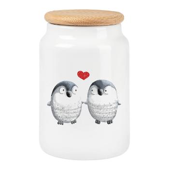Pingouins amoureux - Pingouin - Oiseau - Amour - Coeur - Boîte à biscuits avec couvercle en bois - blanc - Devant