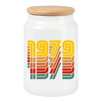 1979 vintage colorful - Cookie Jar with Wooden Lid - white - Front