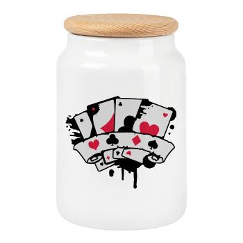 four playing cards and a banner - Cookie Jar with Wooden Lid - white - Front