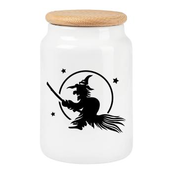 Halloween witch on a broom. Full moon time. - Cookie Jar with Wooden Lid - white - Front