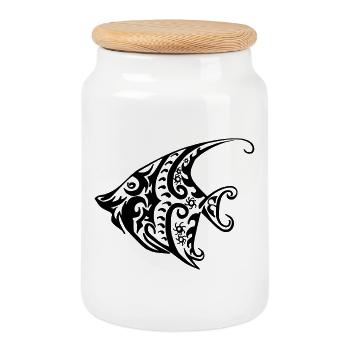 Fish Tribal - Cookie Jar with Wooden Lid - white - Front