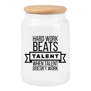 Hard Work Beats Talent - Black Motivational  - Cookie Jar with Wooden Lid - white - Front