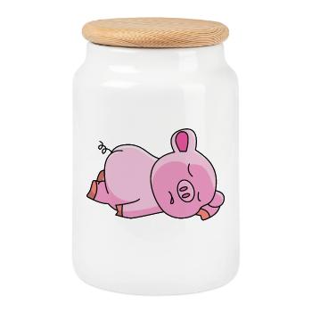 Schlafendes Rosa Schweinchen - Keksdose mit Holzdeckel - Weiß - Vorne