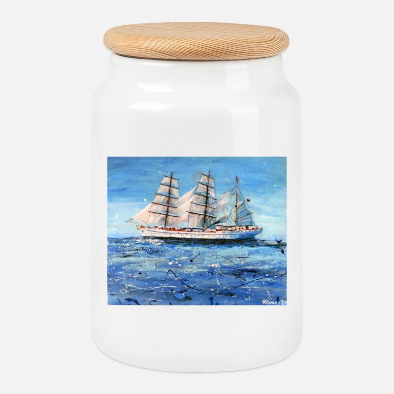 Gorch Fock Segelschiff auf stürmischem Meer - Keksdose mit Holzdeckel - Weiß
