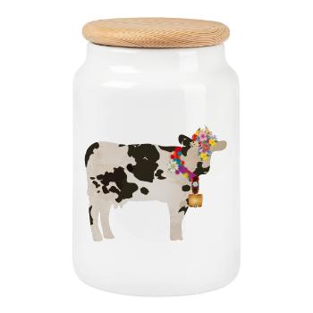 vache décorée avec cloche et décorations florales - Boîte à biscuits avec couvercle en bois - blanc - Devant